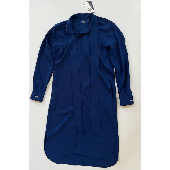 Polo Ralph Lauren Dresses & Skirts - Polo Ralph Lauren Women's Tie Neck Long Sleeve Shirtdress Blue Size 8 $298 NWT